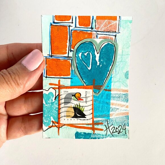 ACEO Original Collage King Eider US Postage Stamp Art Tristina Dietz Elmes ATC - Picture 1 of 2